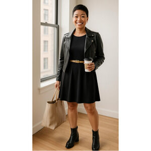 Karen Kane Black A-Line Dress Size M Made in USA Scoop Neck Stretch 3/4 Sleeve